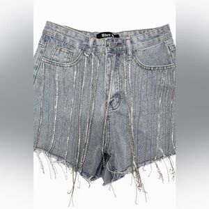 Blue B Rhinestone Fringe Denim Shorts – Size Small – Y2K Glam